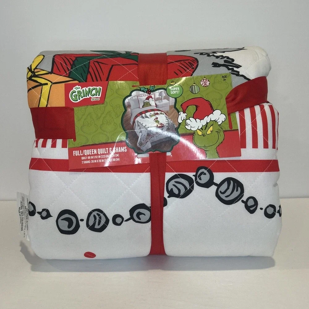 Grinch Dr. Seuss Full Queen Quilt Shams Holiday Christmas Set Max White Pillow